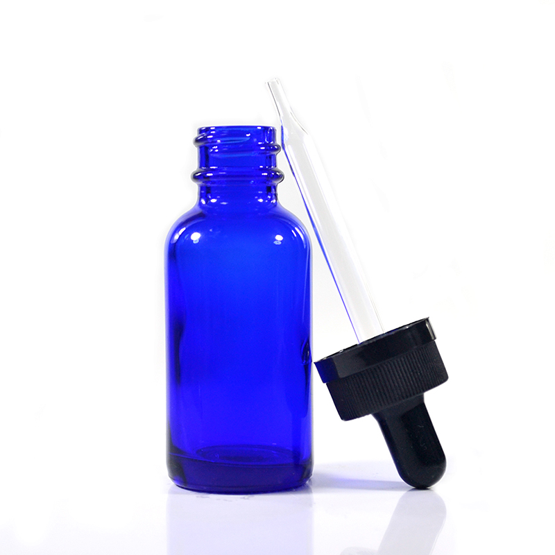 Empty 1 oz 2 oz 4 oz Cobalt Blue Glass Boston Round Serum Pipette Bottle with Black Glass Eye Dropper