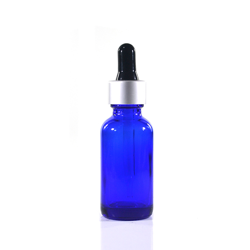 Empty 1 oz 2 oz 4 oz Cobalt Blue Glass Boston Round Serum Pipette Bottle with Black Glass Eye Dropper