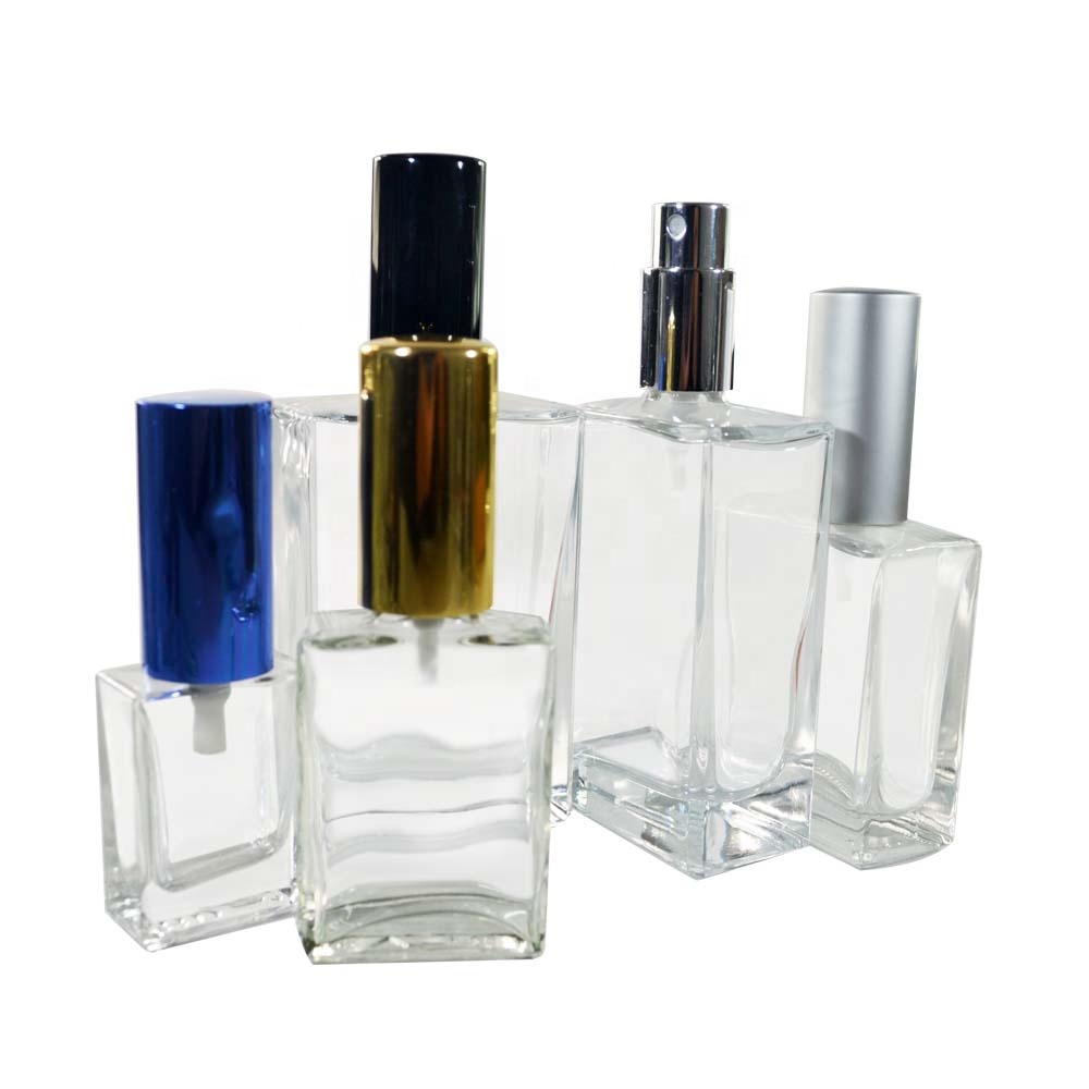 Empty 1 oz 30ml 50ml 100ml clear transparent rectangle perfume glass bottle with atomizer