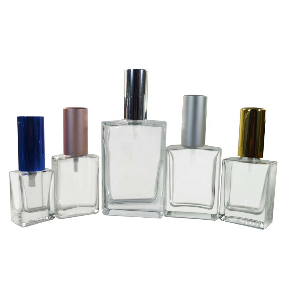 Empty 1 oz 30ml 50ml 100ml clear transparent rectangle perfume glass bottle with atomizer