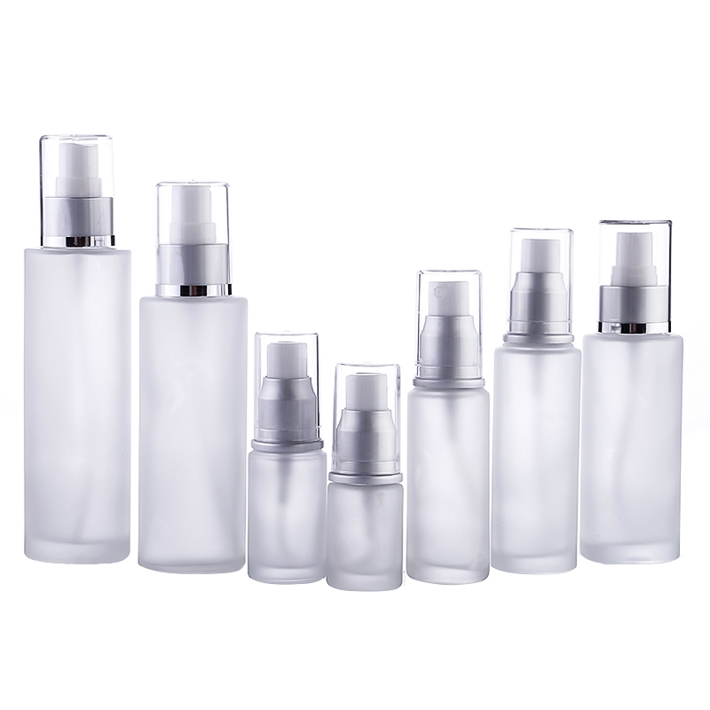 Empty 100ml 150ml frosted lotion bottles glass with sealed screw pump lid
