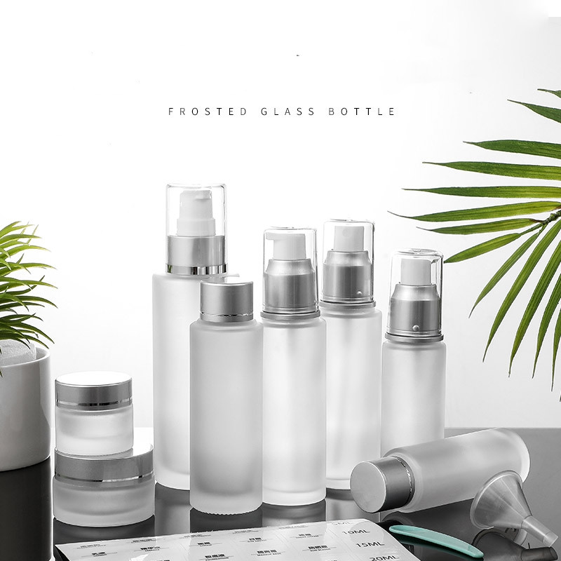Empty 100ml 150ml frosted lotion bottles glass with sealed screw pump lid