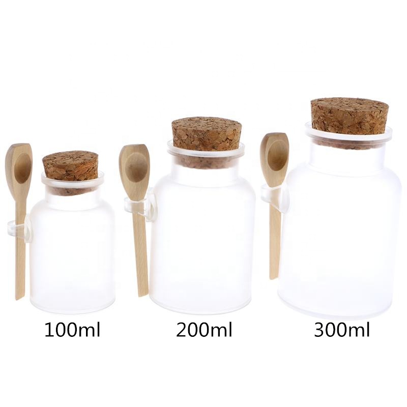 Empty 100ml 200ml 300ml clear frosted bath salt container jar with cork and spoon