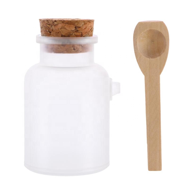 Empty 100ml 200ml 300ml clear frosted bath salt container jar with cork and spoon