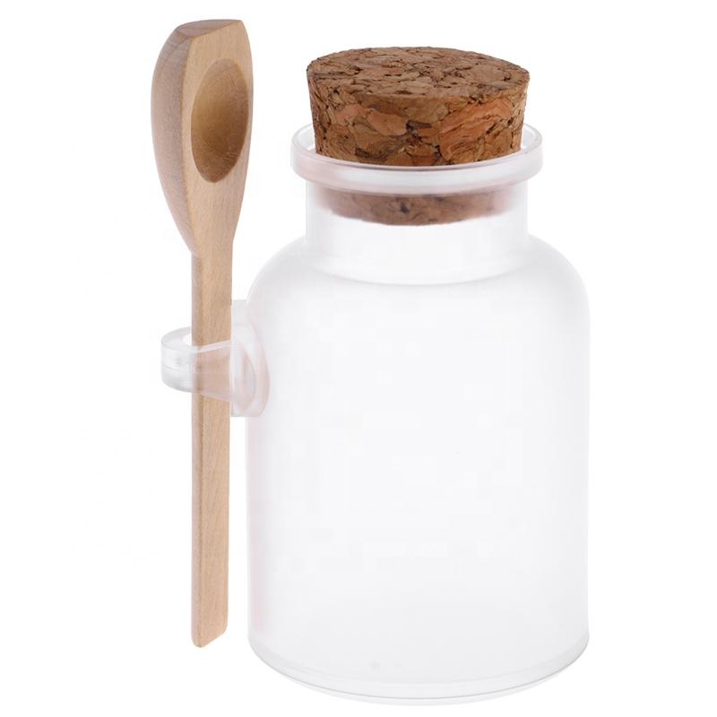 Empty 100ml 200ml 300ml clear frosted bath salt container jar with cork and spoon