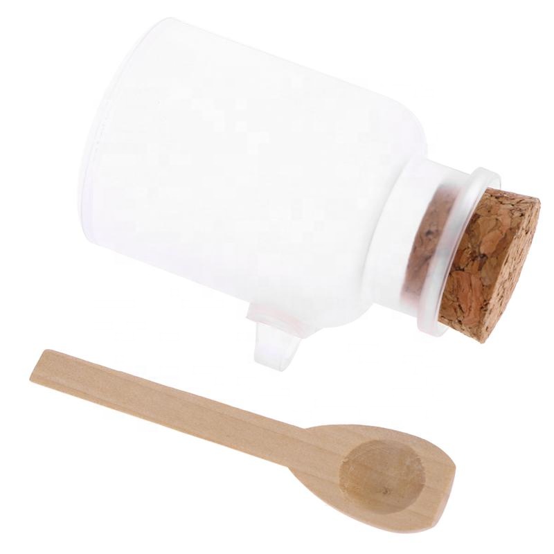 Empty 100ml 200ml 300ml clear frosted bath salt container jar with cork and spoon