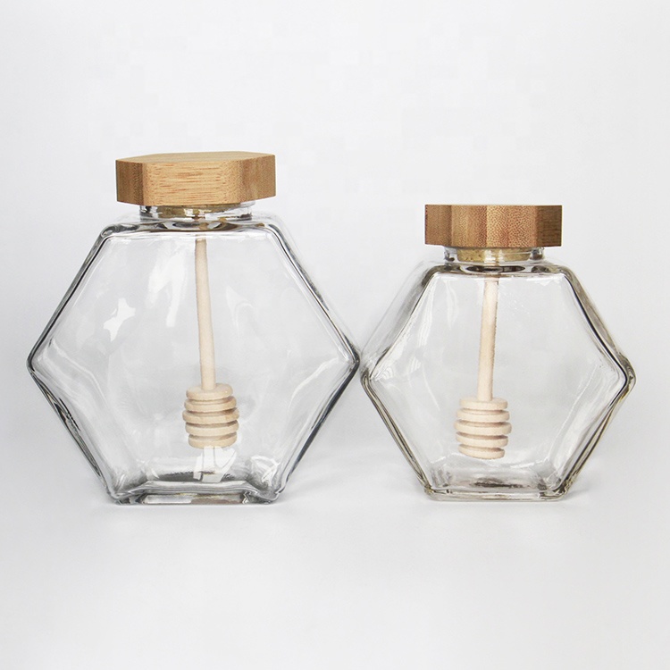 Empty 100ml 220ml 380ml Flat Hexagon Glass Honey Jar With Bamboo Lid Honey Dipper Bulk Price