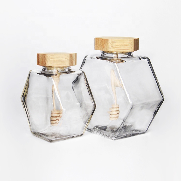 Empty 100ml 220ml 380ml Flat Hexagon Glass Honey Jar With Bamboo Lid Honey Dipper Bulk Price