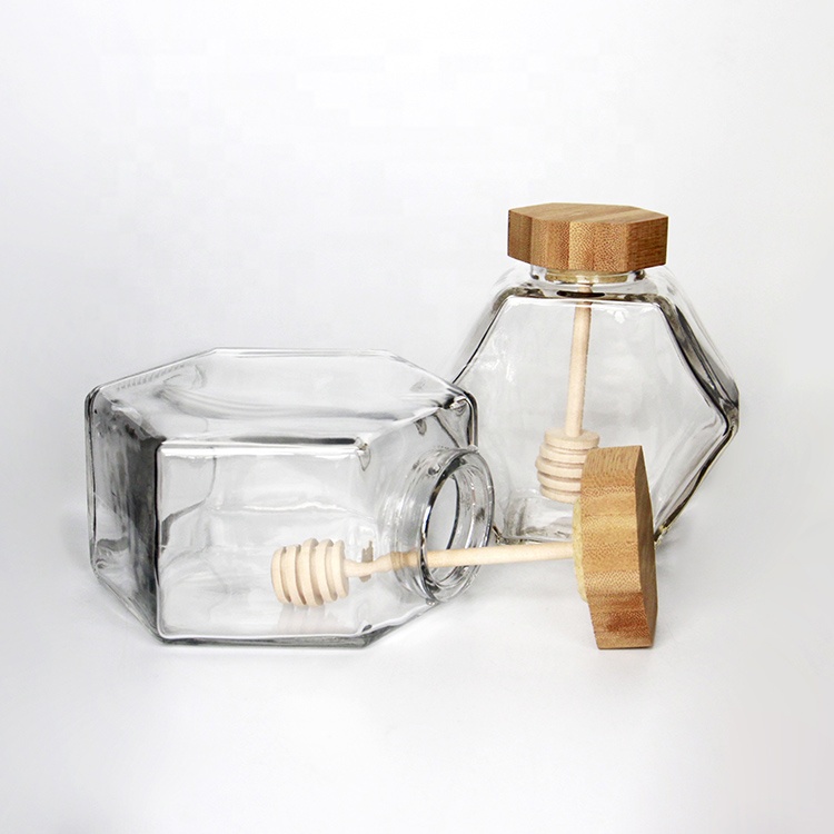 Empty 100ml 220ml 380ml Flat Hexagon Glass Honey Jar With Bamboo Lid Honey Dipper Bulk Price