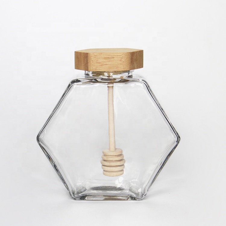 Empty 100ml 220ml 380ml Flat Hexagon Glass Honey Jar With Bamboo Lid Honey Dipper Bulk Price
