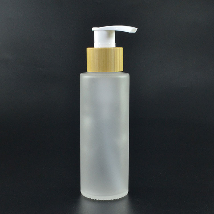 Empty 100ml bamboo frosted glass bottles bamboo lotion spray pump cap skincare packaging cosmetic