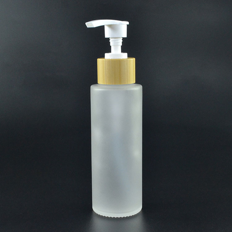 Empty 100ml bamboo frosted glass bottles bamboo lotion spray pump cap skincare packaging cosmetic