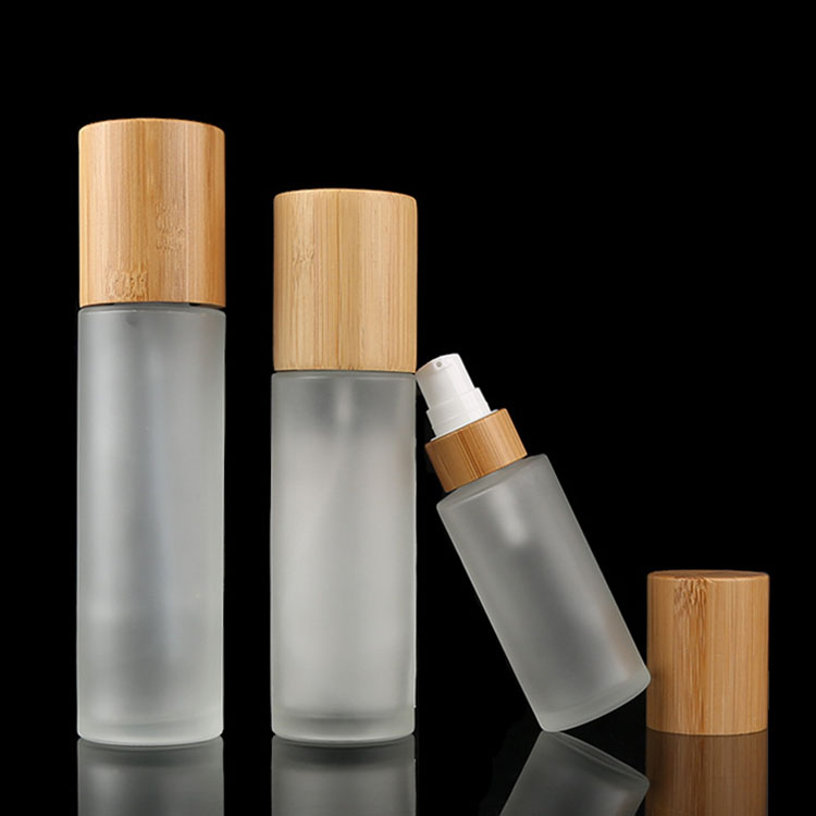 Empty 100ml bamboo frosted glass bottles bamboo lotion spray pump cap skincare packaging cosmetic