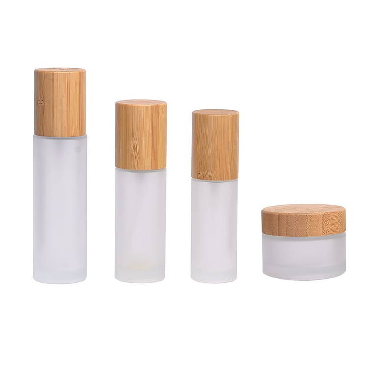 Empty 100ml bamboo frosted glass bottles bamboo lotion spray pump cap skincare packaging cosmetic