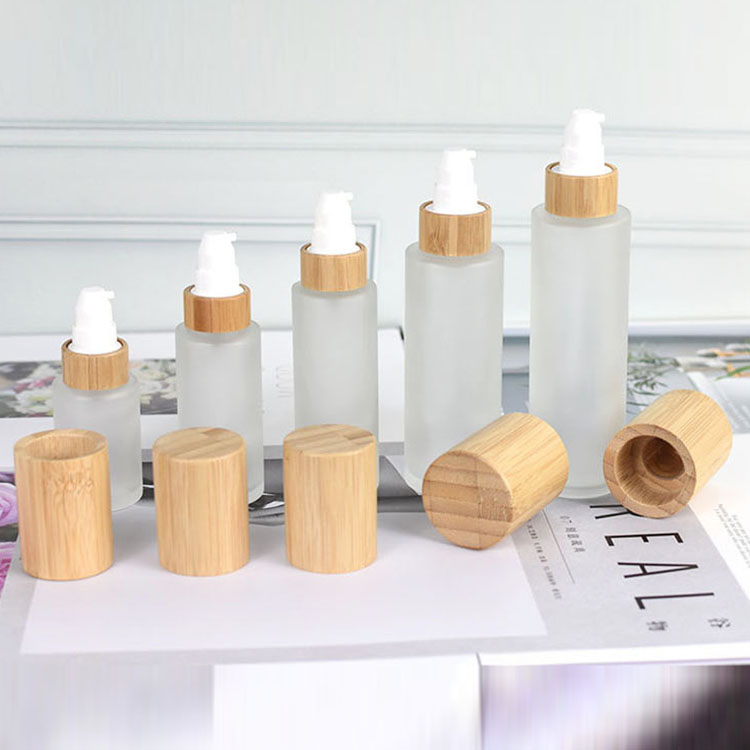 Empty 100ml bamboo frosted glass bottles bamboo lotion spray pump cap skincare packaging cosmetic