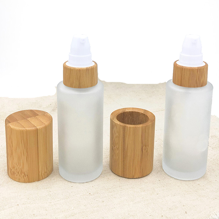 Empty 100ml bamboo frosted glass bottles bamboo lotion spray pump cap skincare packaging cosmetic