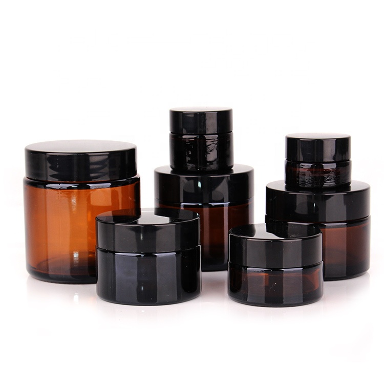 Empty 10g 30g 50g skin care amber glass cosmetic cream jars with black lid