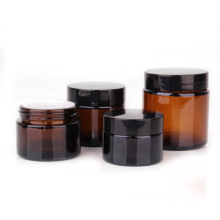 Empty 10g 30g 50g skin care amber glass cosmetic cream jars with black lid