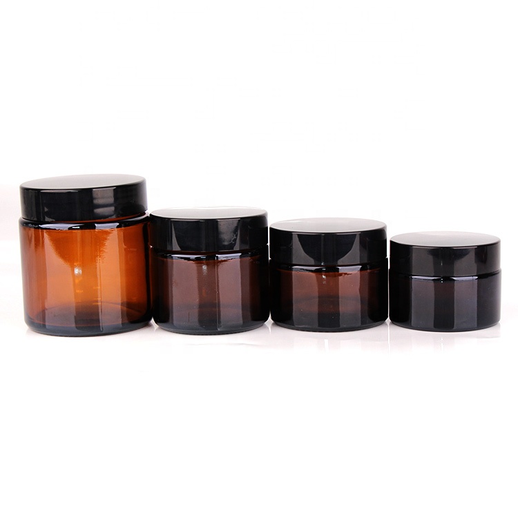 Empty 10g 30g 50g skin care amber glass cosmetic cream jars with black lid