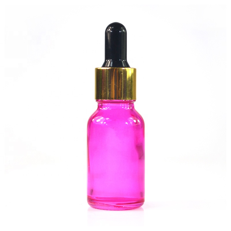 Empty 10ml 15ml 20ml 30ml 50ml pink glass essential oil dropper bottle with gold lid