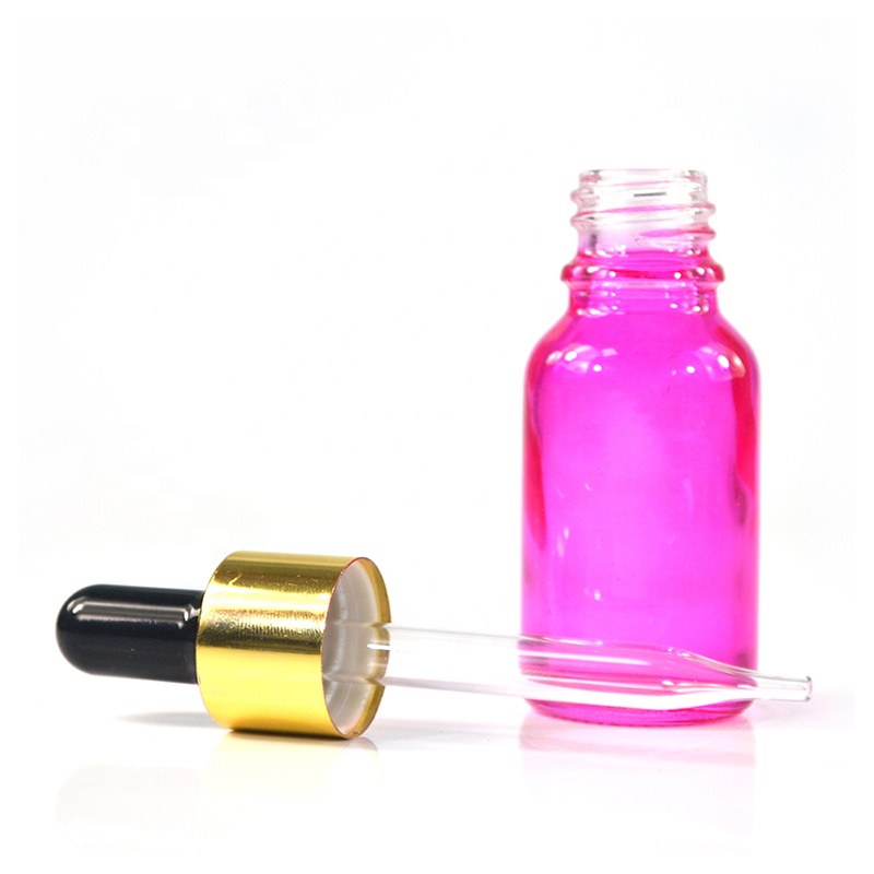 Empty 10ml 15ml 20ml 30ml 50ml pink glass essential oil dropper bottle with gold lid