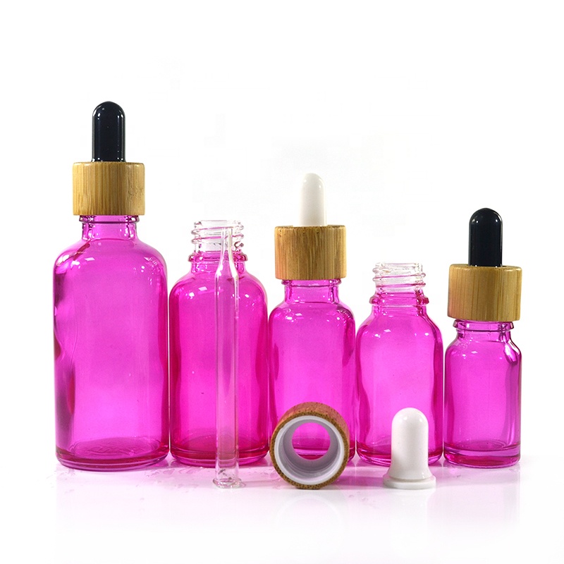 Empty 10ml 15ml 20ml 30ml 50ml pink glass essential oil dropper bottle with gold lid