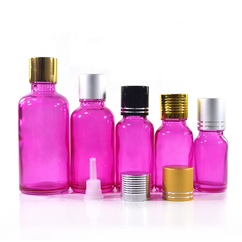 Empty 10ml 15ml 20ml 30ml 50ml pink glass essential oil dropper bottle with gold lid
