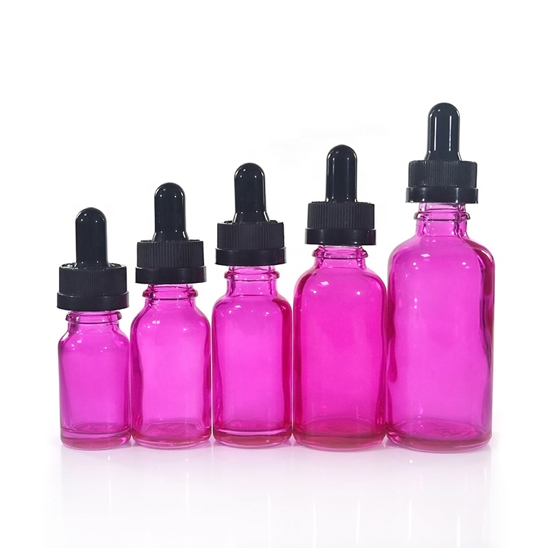 Empty 10ml 15ml 20ml 30ml 50ml pink glass essential oil dropper bottle with gold lid