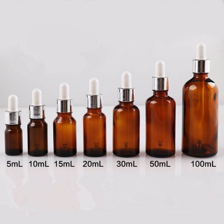 Empty 10ml 15ml 30ml 50ml 100ml CBD essential oil amber glass dropper bottle with gold silver black aluminum cap