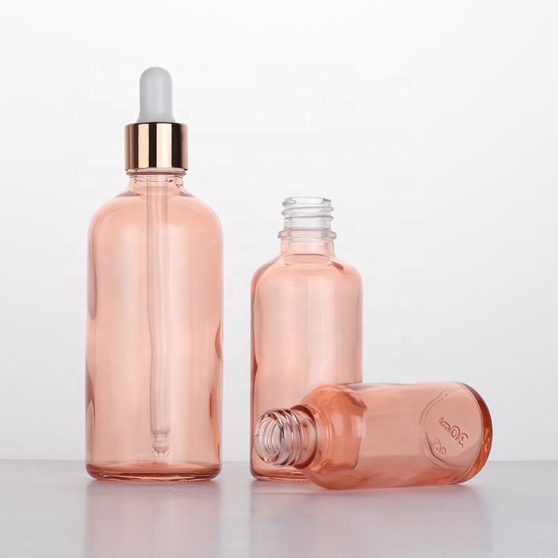 Empty 10ml 15ml 30ml 50ml 100ml hair serum cbd oil pink glass dropper bottle with rose gold aluminum cap