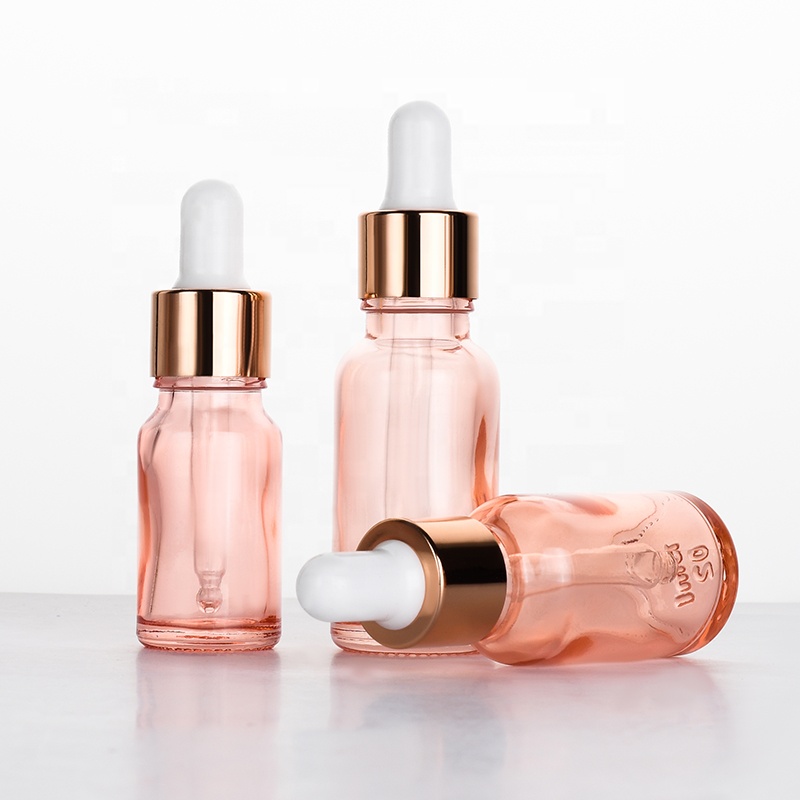 Empty 10ml 15ml 30ml 50ml 100ml hair serum cbd oil pink glass dropper bottle with rose gold aluminum cap