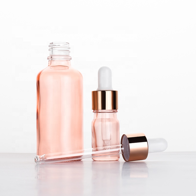 Empty 10ml 15ml 30ml 50ml 100ml hair serum cbd oil pink glass dropper bottle with rose gold aluminum cap