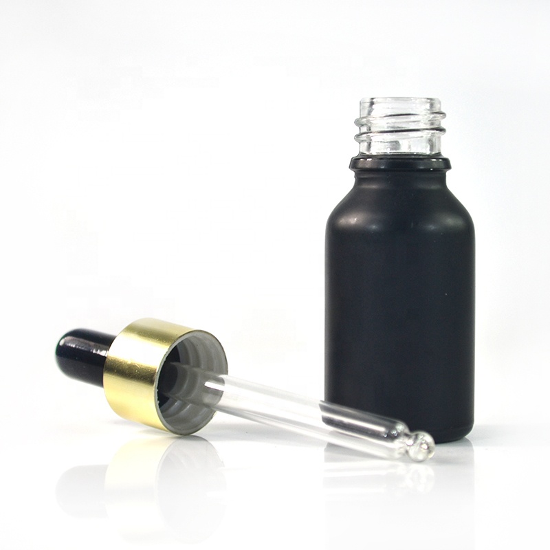 Empty 10ml 15ml 30ml 50ml 100ml matte black frosted skin care essential oil glass dropper bottle with gold dropper cap