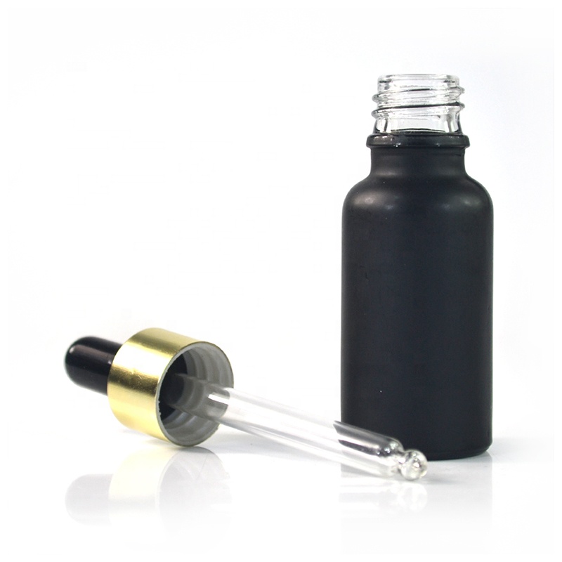 Empty 10ml 15ml 30ml 50ml 100ml matte black frosted skin care essential oil glass dropper bottle with gold dropper cap