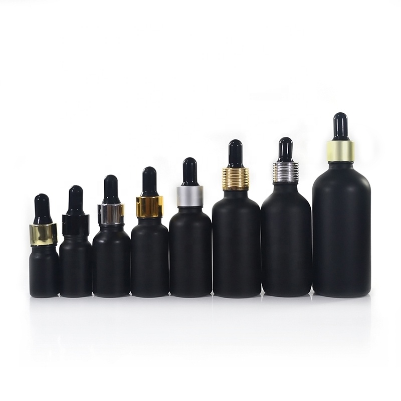 Empty 10ml 15ml 30ml 50ml 100ml matte black frosted skin care essential oil glass dropper bottle with gold dropper cap