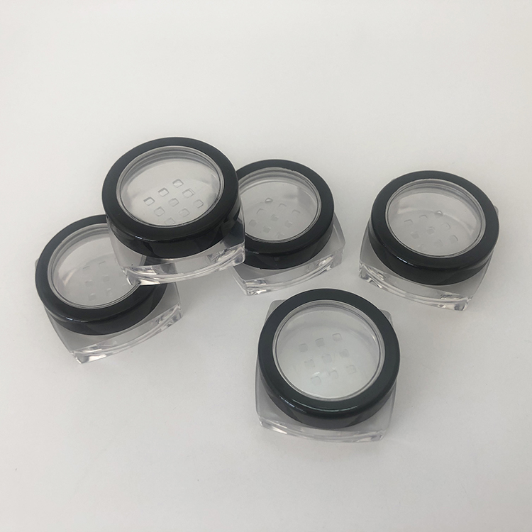 Empty 10ml clear plastic square jar with black lid and sifter, 10g square pot with sifter for loose powder