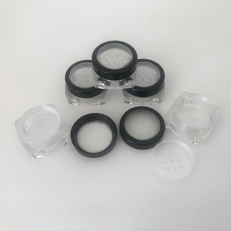 Empty 10ml clear plastic square jar with black lid and sifter, 10g square pot with sifter for loose powder