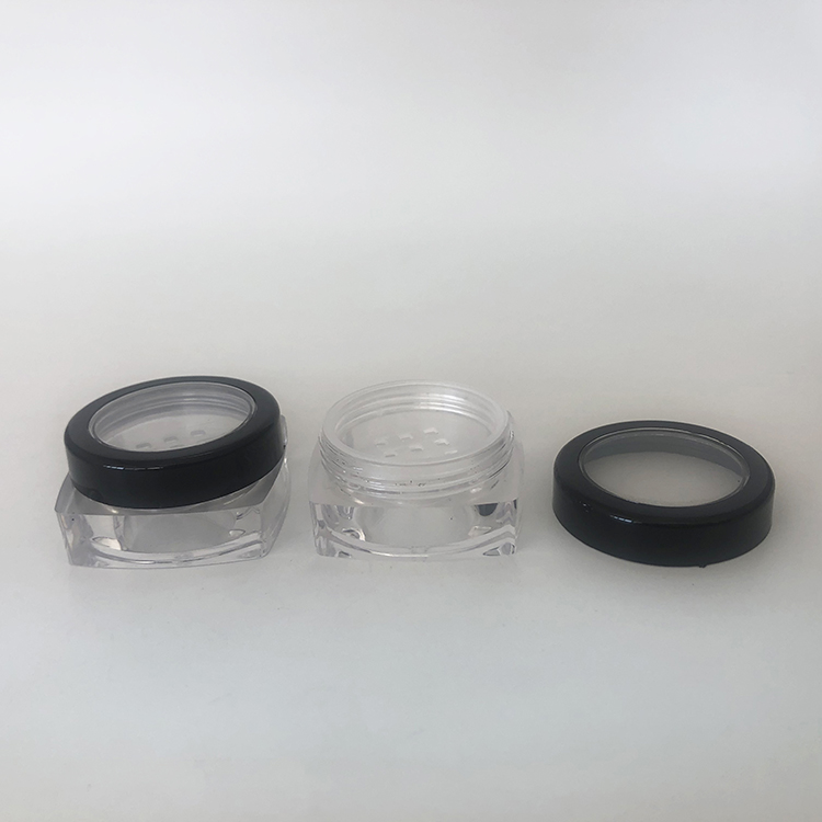 Empty 10ml clear plastic square jar with black lid and sifter, 10g square pot with sifter for loose powder
