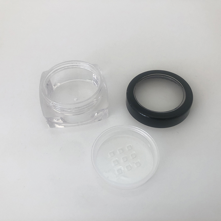 Empty 10ml clear plastic square jar with black lid and sifter, 10g square pot with sifter for loose powder