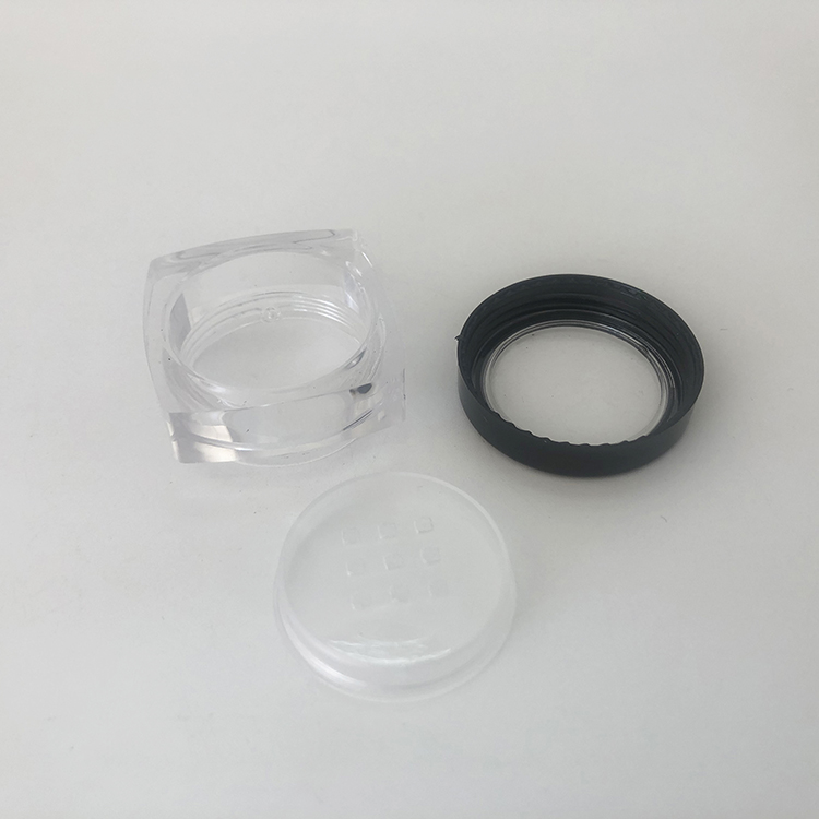 Empty 10ml clear plastic square jar with black lid and sifter, 10g square pot with sifter for loose powder