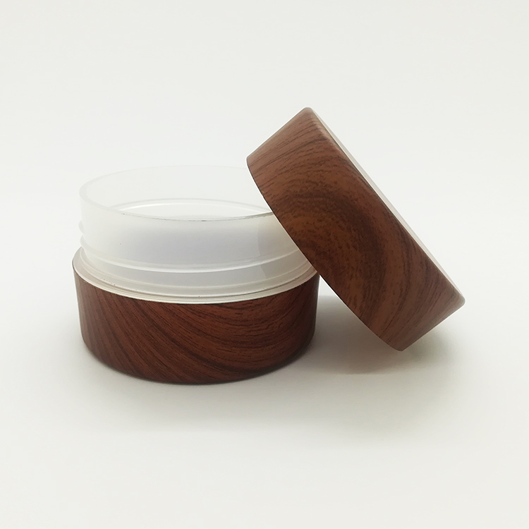 Empty 120ml plastic cosmetic container printed wooden look plastic jar pot double wall body cream jar plastic bottle 4oz