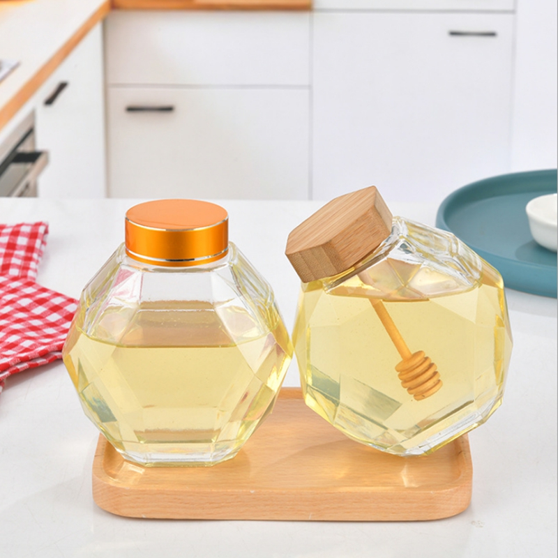 Empty 12oz new style gift modern premium glass jar with bamboo lid wooden dipper for honey storage in bulk