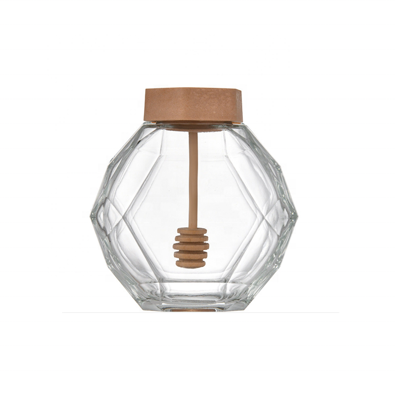 Empty 12oz new style gift modern premium glass jar with bamboo lid wooden dipper for honey storage in bulk