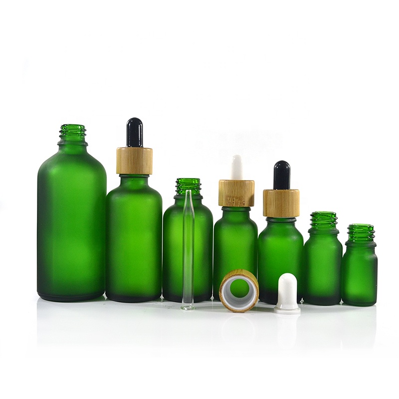 Empty 15ml 30ml 50ml 100ml green frosted glass dropper bottle with bamboo pipette