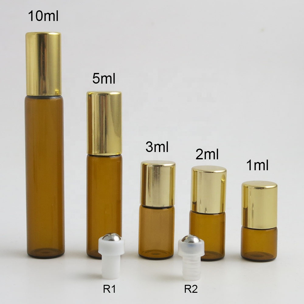 Empty 1ml 2ml 3ml 5ml 10ml amber glass essential oil roller ball bottles with UV gold aluminum cap