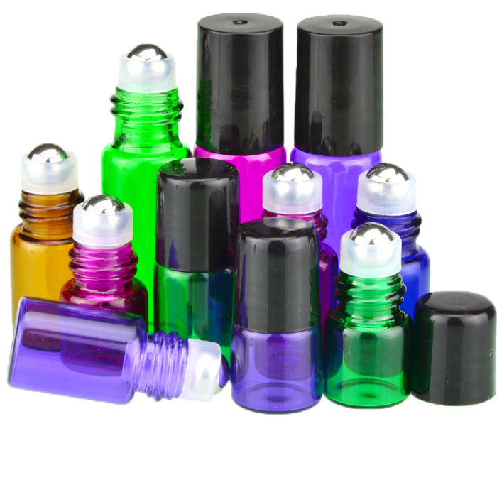 Empty 1ml 2ml 3ml mini sample vial clear amber purple green essential oils perfume glass roll on bottle