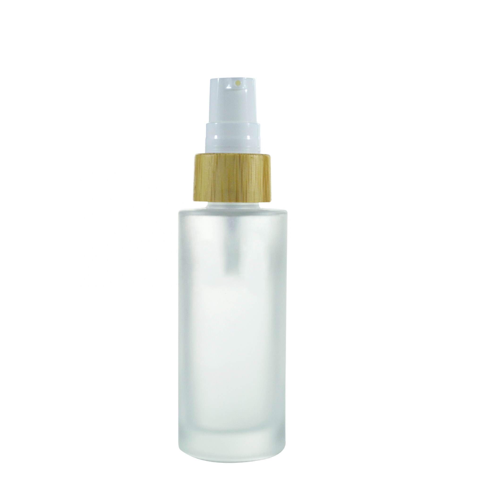 Empty 1oz 2oz 3oz 4oz 5oz flat shoulder frosted glass lotion bottle with bamboo pump cap