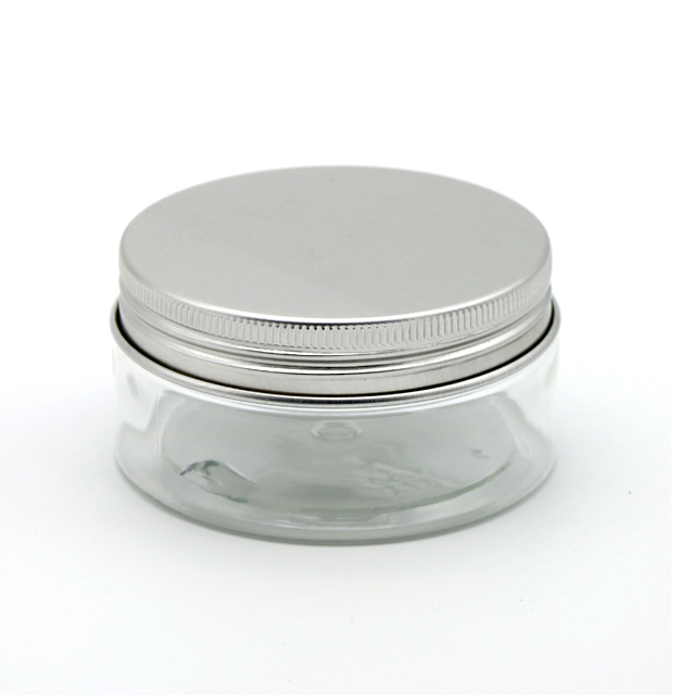Empty 200ml transparent plastic pet food jar with aluminum lid