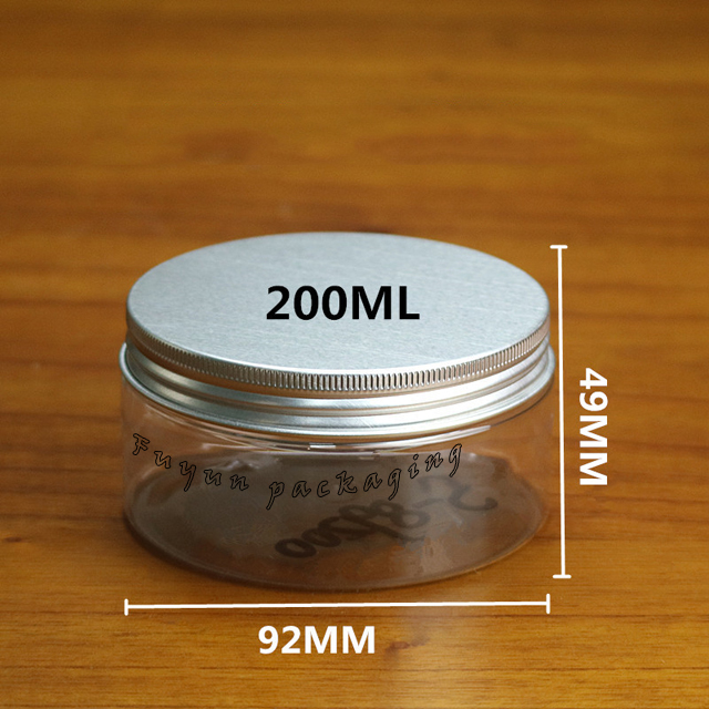 Empty 200ml transparent plastic pet food jar with aluminum lid