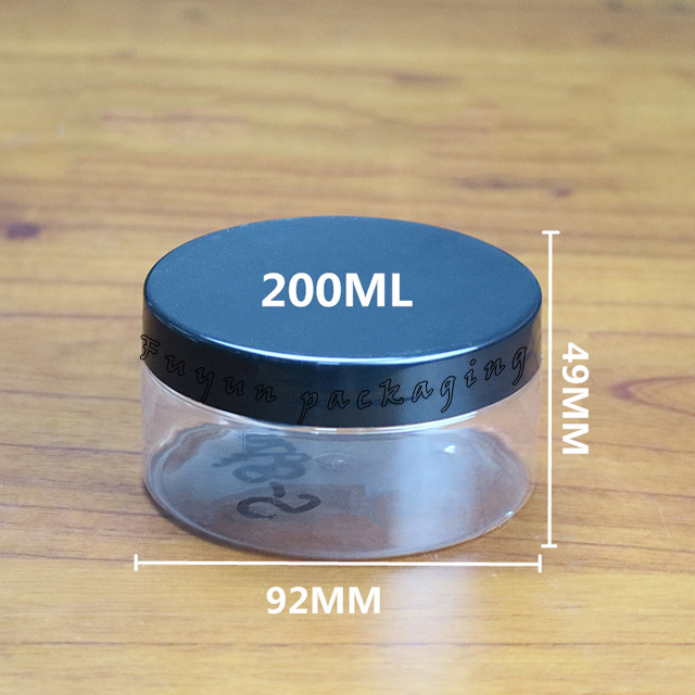 Empty 200ml transparent plastic pet food jar with aluminum lid